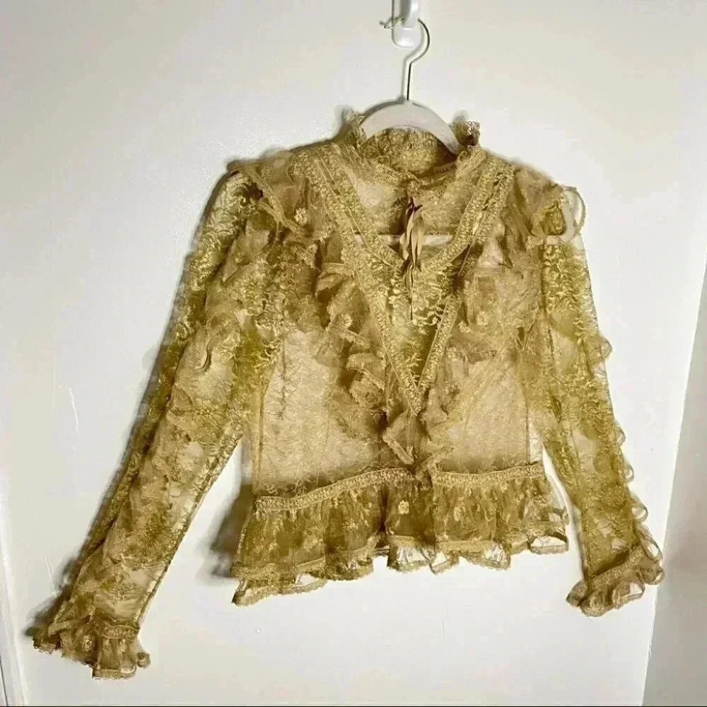 NWT Ulla Johnson Yves Metallic Gold Floral Lace Blouse - Picture 3 of 12